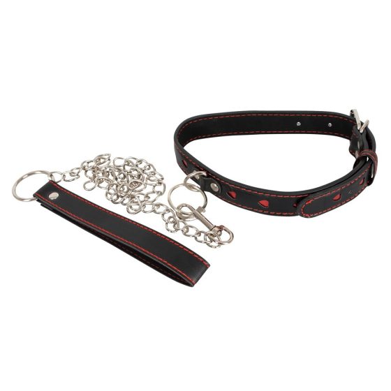 Bad Kitty - ogrlica u obliku srca sa metalnim povodcem (crno-crvena)