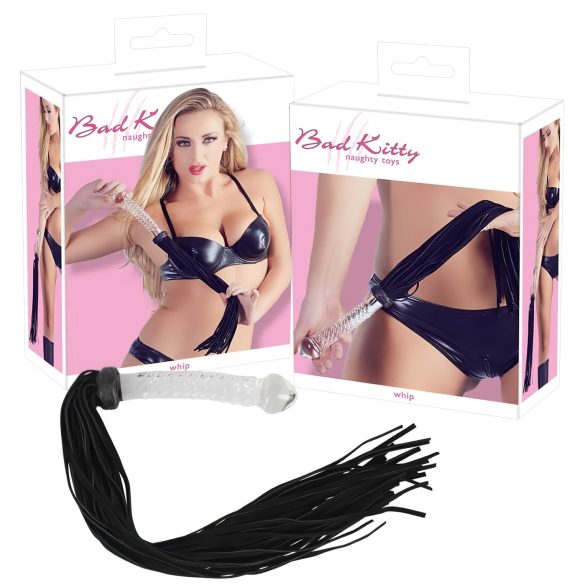 Bad Kitty - kožni bič s prozirnim crnim dildom