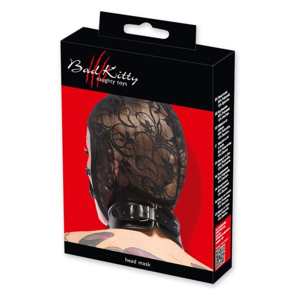 Bad Kitty - čipkasta maska za glavu s trakama (crna)