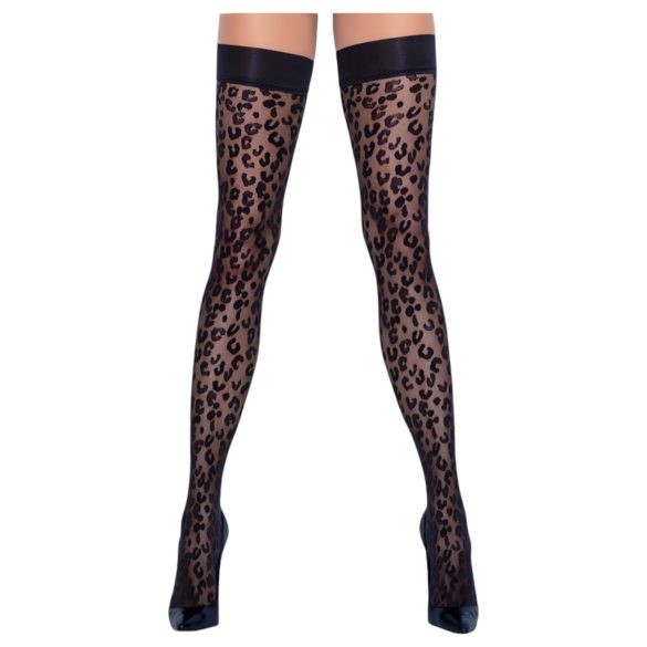 Cottelli Legwear - čarape do bedara s leopard uzorkom - crne