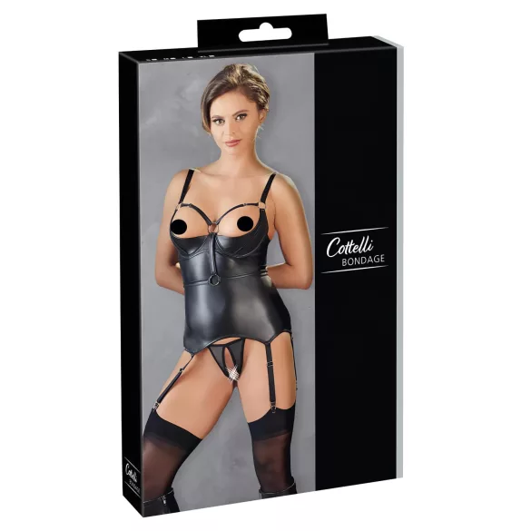 Cottelli Bondage - sjajni, grudnjak s podignutom bustom i vezicama (crni) - L
