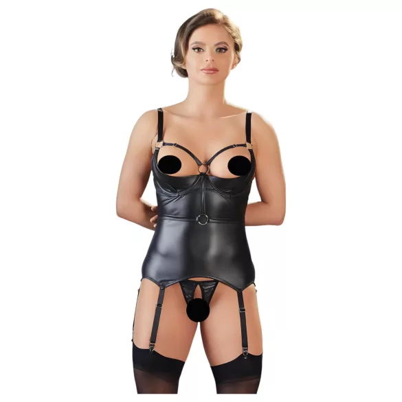 Cottelli Bondage - sjajni, grudnjak s podignutom bustom i vezicama (crni) - L