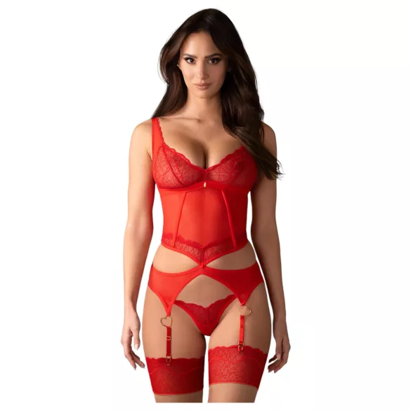 Obsessive Cupide Desir - prozirni čipkasti komplet - crvena - L/XL