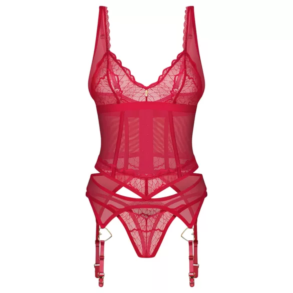 Obsessive Cupide Desir - prozirni čipkasti komplet - crvena - L/XL