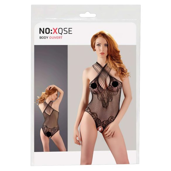 NO:XQSE - cvjetni halter bodi s mrežom - crni (S-L)