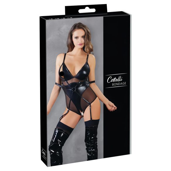 Cottelli Bondage - sjajni body s lisicama (crni) - L