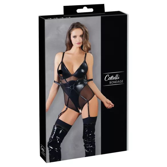 Cottelli Bondage - sjajni bodi s lisicama - crna - L