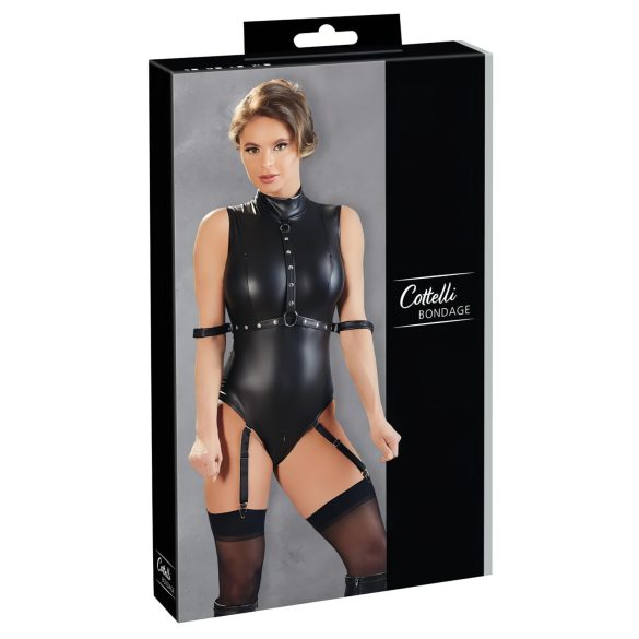 Cottelli Bondage - sjajni body bez rukava i lisice (crni)
