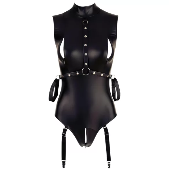 Cottelli Bondage - sjajni body bez rukava i lisice za ruke - crni - L
