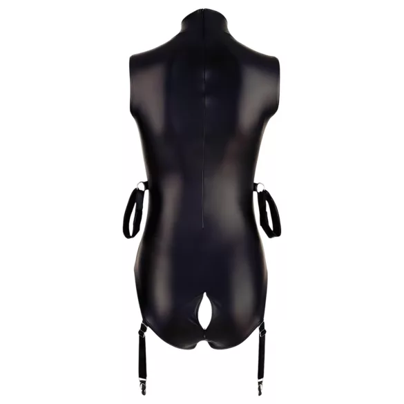 Cottelli Bondage - sjajni body bez rukava i lisice za ruke - crni - XL