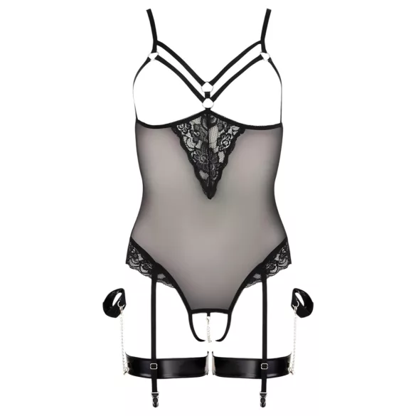 Cottelli Bondage - body s metalnim prstenovima i lisicama za ruke - crna