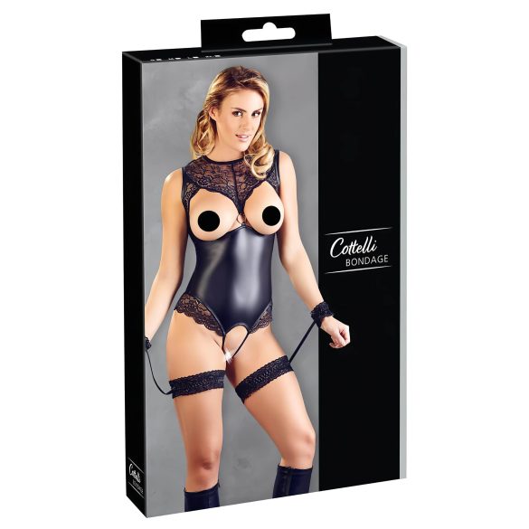 Cottelli Bondage - sjajni otvoreni body i lisice za ruke (crni)
