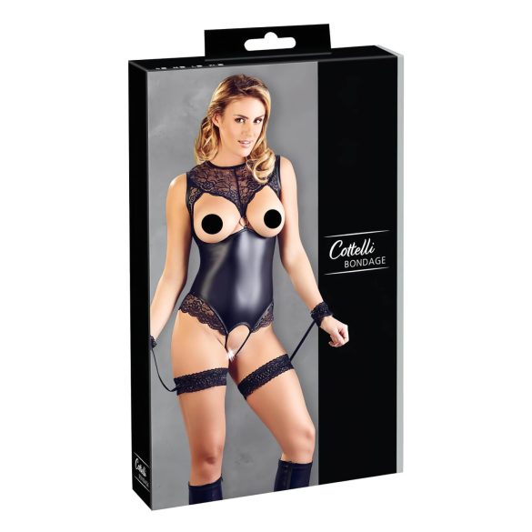 Cottelli Bondage - sjajni otvoreni body i lisice za ruke (crni) - L