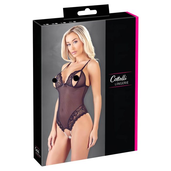 Cottelli - čipkasti bodi s otvorima i biserima (crni) - XL