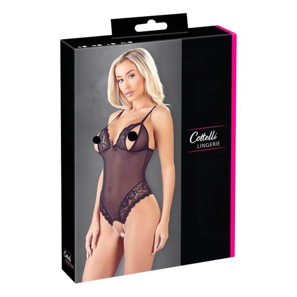 Cottelli - čipkasti bodi s otvorima i biserima (crni) - XL