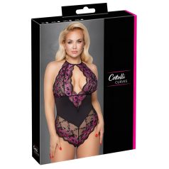   Cottelli Plus Size - čipkasti body s cvjetnim uzorkom - crna/ljubičasta - 4XL