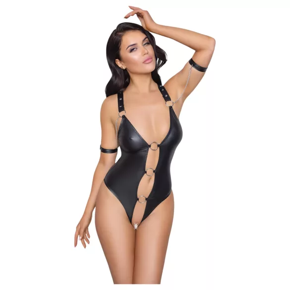 Cottelli Bondage - otvoreni body s prstenovima - sjajni crni - M