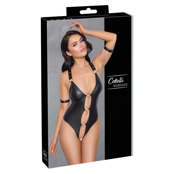 Cottelli Bondage - sjajni otvoreni body s prstenom (crni) - L