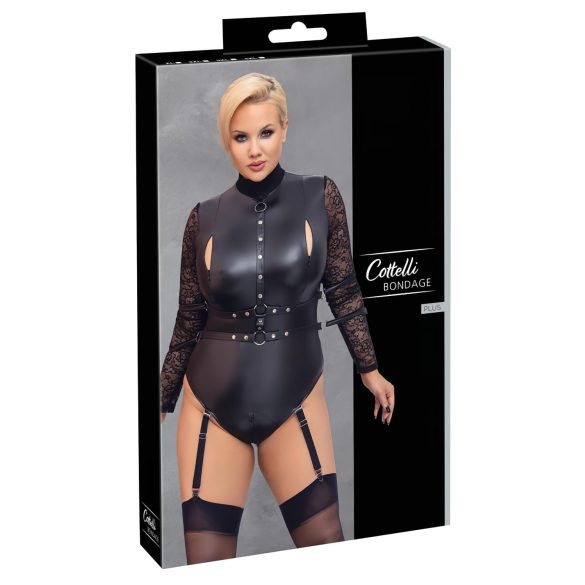 Cottelli Bondage Plus Size - čipkasti body s dugim rukavima (crna) - 2XL
