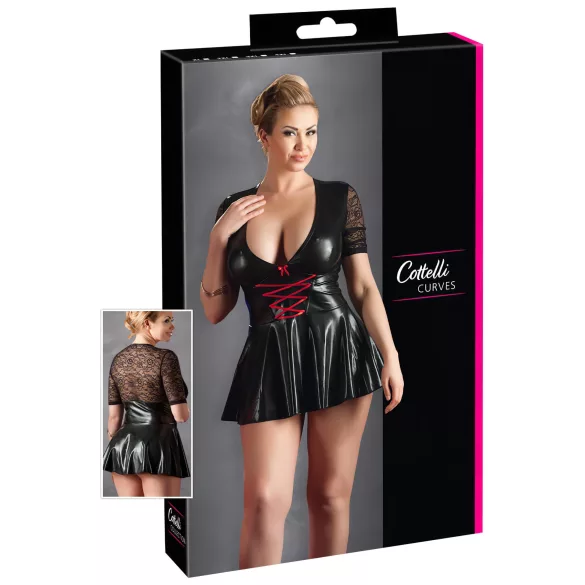 Cottelli Plus Size - sjajna haljina s crvenim korzetom - crna - XXXL