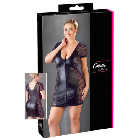 Cottelli Plus Size - kombinirana haljina s mašnom i čipkom - crna - 4XL