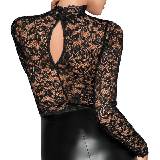 Noir - haljina dugih rukava od sjajne čipke (crna) - XL