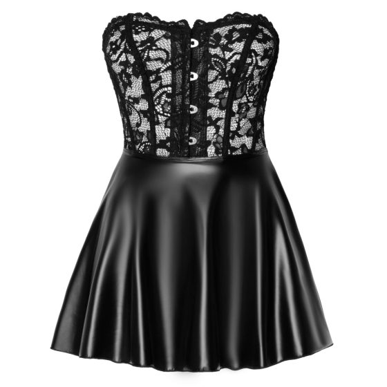 Noir - sjajna mini haljina s gornjim dijelom od čipke (crna) - M