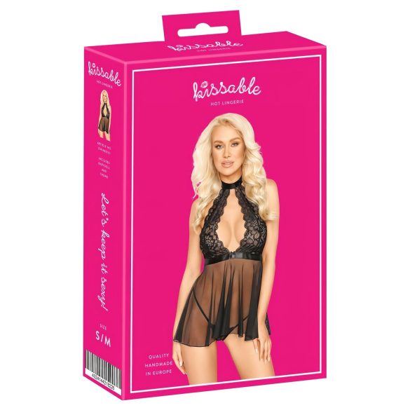 Kissable - čipkasti babydoll s ovratnikom (crna) - L/XL