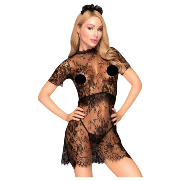 Penthouse Poison Cookie - čipkasta haljina, tanga i ukras za kosu (crna) - M/L