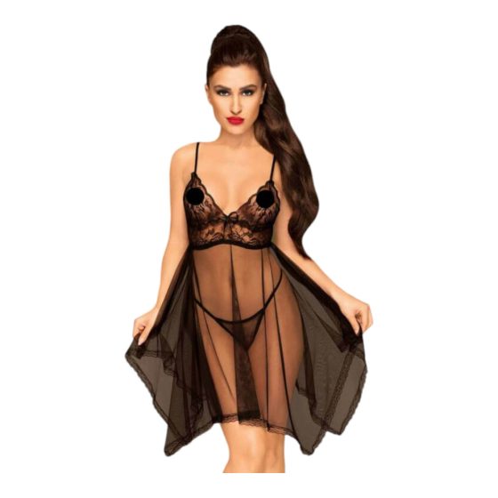 Penthouse Naughty Doll - asimetrična čipkasta haljina s tangama (crna) - M/L