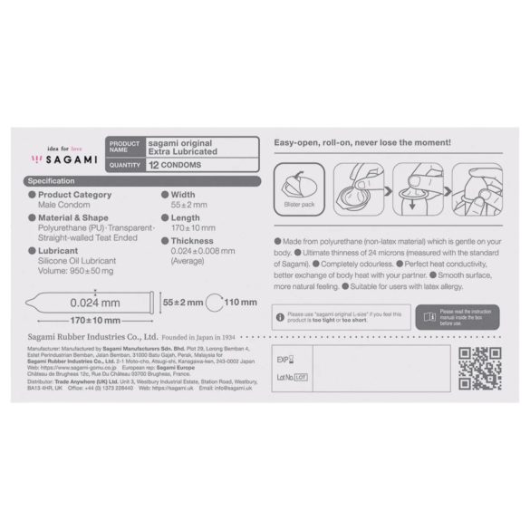 Sagami Original 0.02 - ekstra podmazani kondomi - 55mm - 12 komada