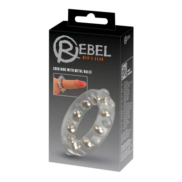Rebel - prozirni silikonski prsten za penis s metalnim kuglicama i izbočinama.