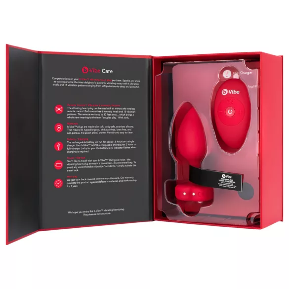 b-vibe heart - punjivi, daljinski analni vibrator (crveni)