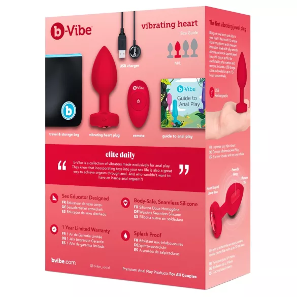 b-vibe heart - punjivi, daljinski analni vibrator (crveni)