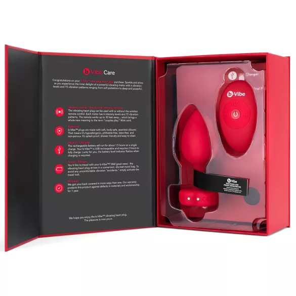 b-vibe heart - punjivi, daljinski analni vibrator (crveni)