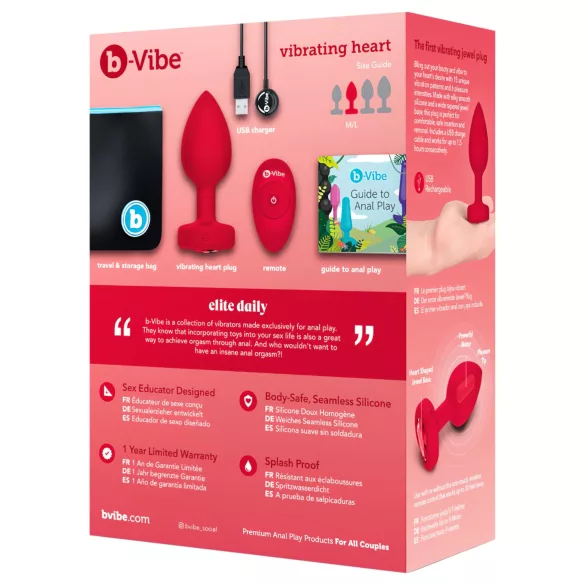 b-vibe heart - punjivi, daljinski analni vibrator (crveni)