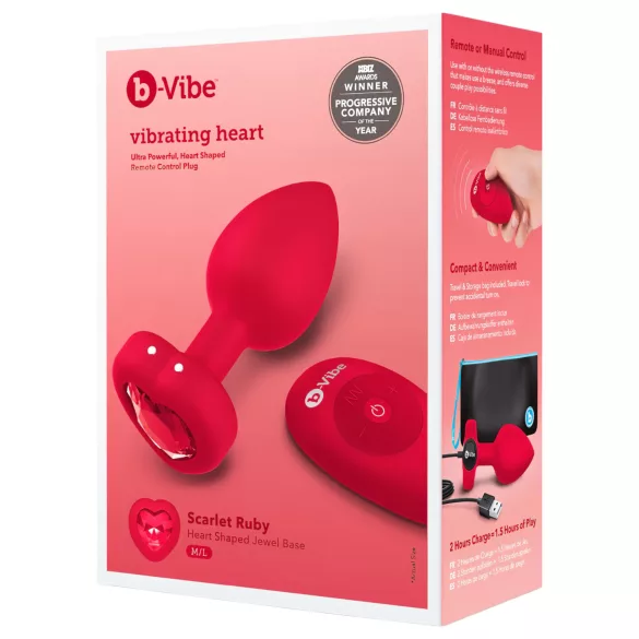 b-vibe heart - punjivi, daljinski analni vibrator (crveni)