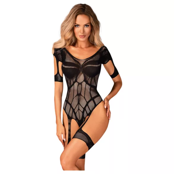 Obsessive - mrežasti body s uzorkom i otvorom - crni - S/L