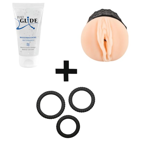 Početni set za solo užitak (masturbator, lubrikant, penis prsten)