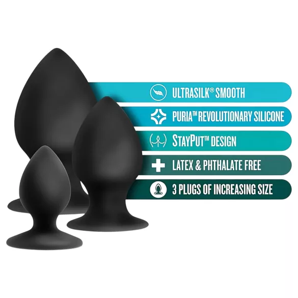 Anal Adventures Platinum Stout - analni plug set - 3 komada - crni