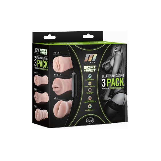 M For Men 3 Pack - vibrirajući set za masturbator (prirodni)