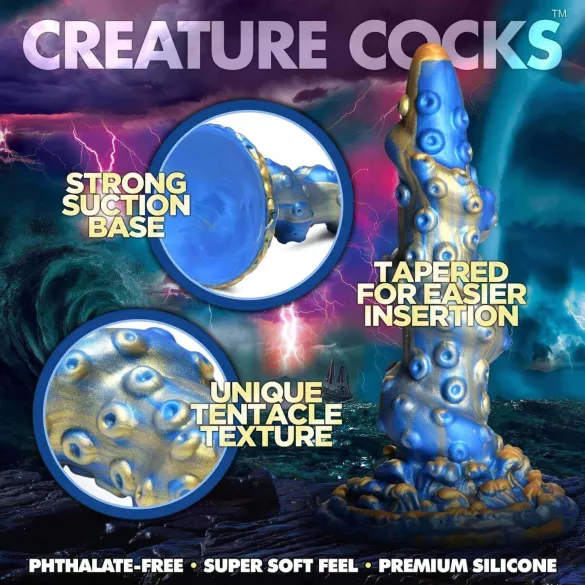 Creature Cocks Kraken - spiralni dildo s pipcima - 21cm - zlatno-plava
