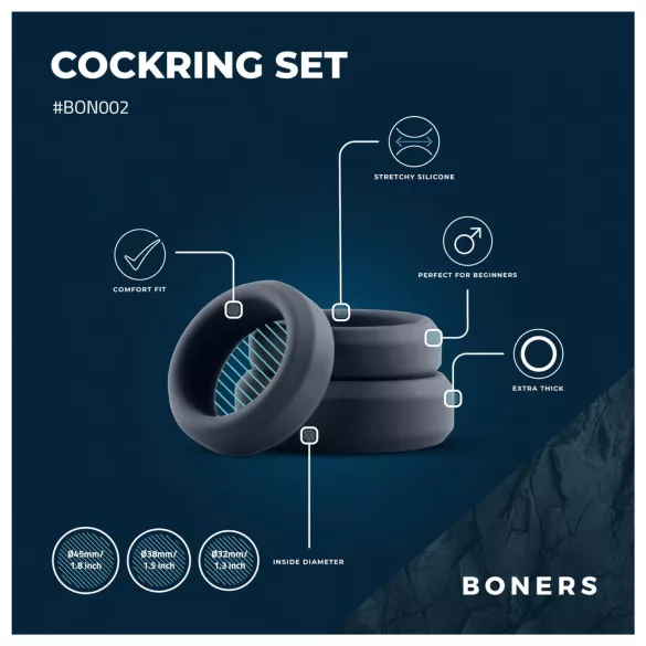 Boners - set silikonskih prstenova za penis - 3 komada - sivi