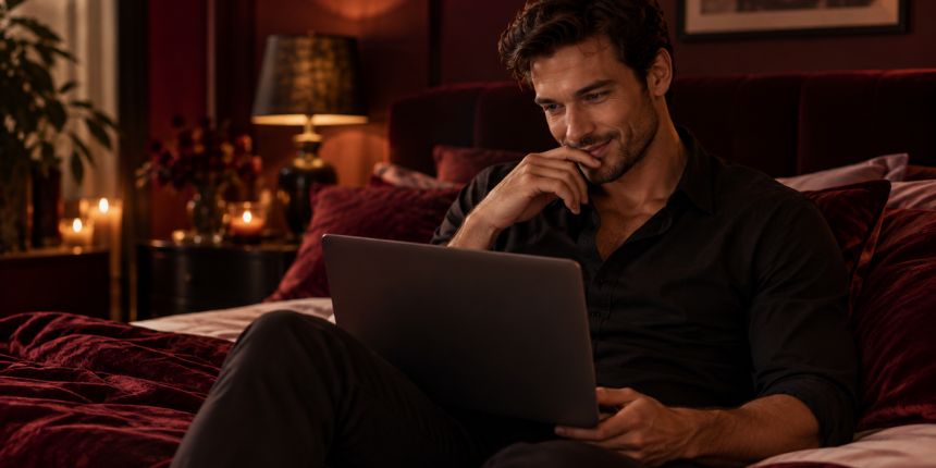 Muškarac sjedi na krevetu s laptopom i čita savjete za masturbaciju | lovesexshop.hr sex shop